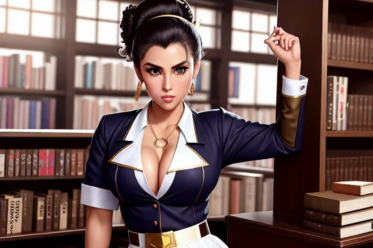 a concept art of,a fitness model,wearing japanese high school uniform,shooting from a high point,at the bookstore,small breasts,five slender fingers,updo hair,gorgeous face,beautiful lips,detailed large eyes,curved eyebrows,wearing golden ring,cgsociety,highly detailed,bokeh,professional,smooth