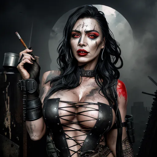 post-apocalyptic raider woman, heavily scarred but beautiful, wearing an outfit of black leather straps, fishnet and lace, black hair, bloodshot eyes, portrait, showing cleavage and underboob, digital art, wet wash, wet brush, watercolor, oil on canvas, photoillustration, dystopian, plump lips, oily skin, holding cigarette