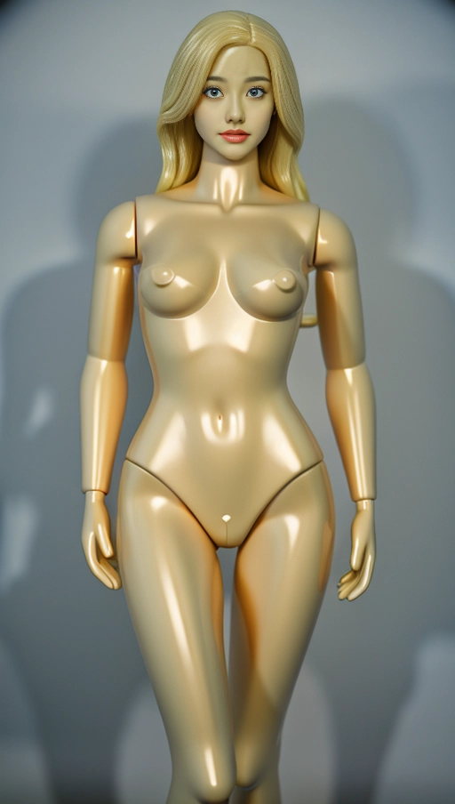 mid-1990s style. interior scene photo studio. sexy naked thirty-four year-old woman turned into a plastic mannequin. neck length blonde hair. blue eyes. painted on featrures. 38D-25-34 measurements. massively extreme mannequin fetish. looking seductive sultry. alluring. enticing. silicone. fake. plastic.