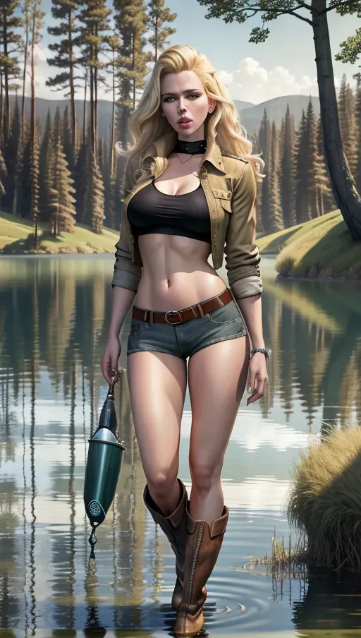 Scarlett johansson Standing on the lake, fishing, blonde hair, strait hair, trees, grass, short shorts, cowboy boots, stomach exposed, medium breast,