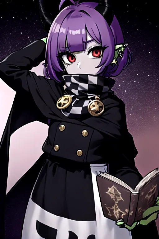 best quality, masterpiece, solo, alien imp demon hybrid , 1 male only, jacket on, fully clothed , posh, powdered white makeup skin tone, well groomed, wielding dark and light energy, astrology starry stars jacket, loops rings piercings , alien jackal imp creature , rags cape, horns, art thief, circus ringleader checkered jacket, demonic look in eyes, solo, holding book, black and white checkered scarf around neck, short humanoid, cute look in eyes, masterpiece, colorful shirt,short length hairstyle single strand of hair curls on top of head, antenna alien ,red cute eye, , body shiny, ,cute look in eyes, masterpiece quality 8k