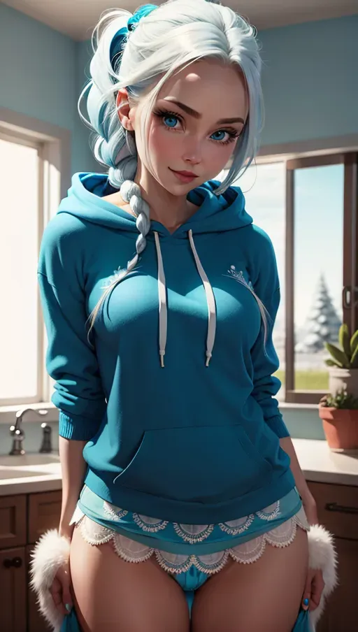 Elsa from frozen, blue and white, blue hoodie, pigtails, hairy vagina, hairy pubic hair, small breasts, teal eyes, lace panties, lifting skirt,