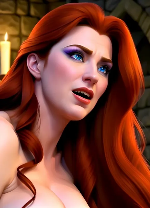 low angle hypnotized sweet Beautiful youthful entranced auburn haired Queen Anna of Arendelle sharing a dark embrace and passionate kiss of the stoic and debonair Van Dyke goatee raven haired Dracula his fangs bared as she pulls her hair to one side arching her neck preparing to receive his vampiric bite, in the the very dark cramped spooky cobwebbed halls of a haunted house photorealistic.