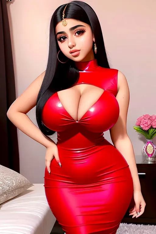 Gorgeous Arab teen bimbo, huge enormous perky tits, straight black hair, cute young face, full plump beautiful lips, sexy, slim waist, thicc hourglass figure, very tight red dress, hands on hips, photorealistic