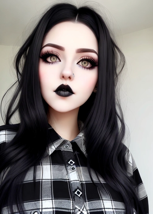 Cute girl, simple grunge makeup, pale colored eyes, black hair, big lips, realistic face, high riding huge boobs, gigantic tits, flannel shirt, goth babe, skinny, photorealistic, best quality, ultra high resolution