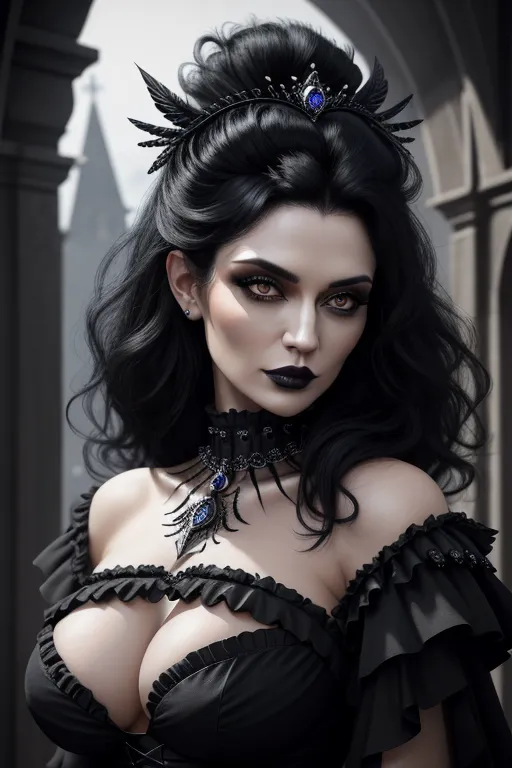 8k, photorealistic, a raven-haired beautiful woman, low-cut black frilly top, perfect hair, detailed face, detailed eyes, close-up of face, pores, black diamond ring, detailed breasts, as a goth princess, in a goth castle