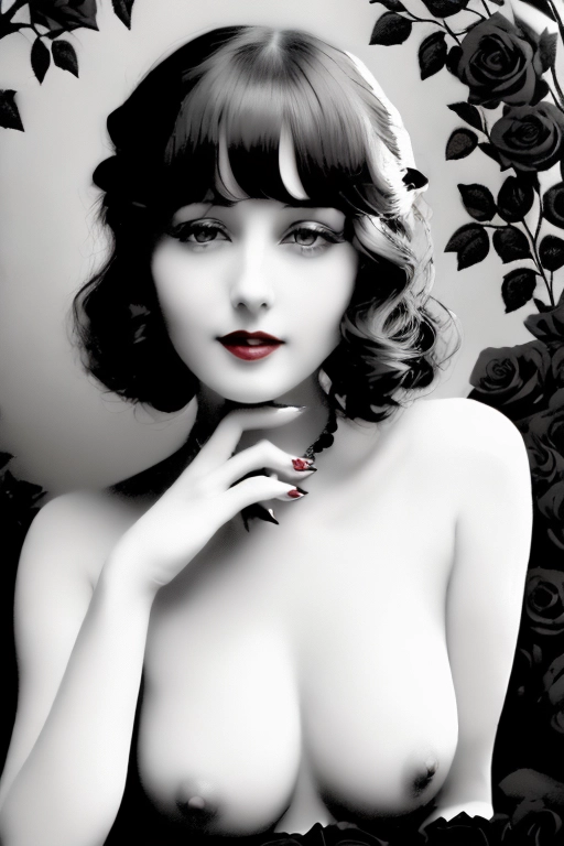 ((((Erotic 1910s style American commercial good-girl art full color lithograph illustration)))), ((full color)), extreme closeup pov lower lip, sniffing a black rose, gorgeous young nude redhead woman, completely naked, beautiful face, (sexually aroused smile), ((alluring smile)), (((seductive expression))),((((flirting)))), beautiful eyes, ((((looking at me)))),(((looking into my eyes))),((looking at viewer)), in a rose garden full of black roses,