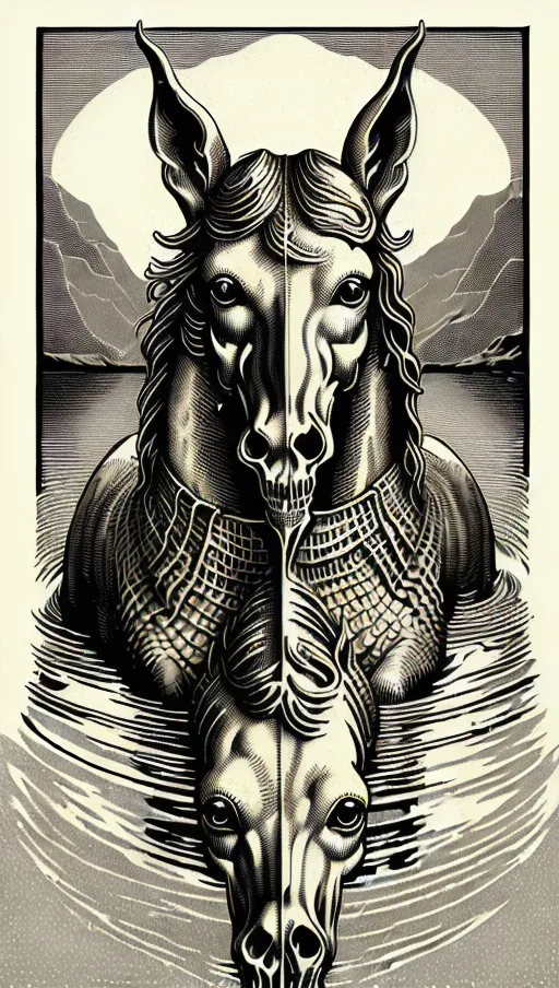 ((128k masterpiece)) (In water reflection is skull image) vintage etching style illustration of a Scottish kelpie water creature, (((Vintage line etching style))). a bestiary image of a traditional (welsh kelpie fantasy mythical creature), dynamic compositional poster art)), kelpie:1.5 water dwelling horse of sadness, ((half-horse-half-fish)) as in water reflection skeletons hands raise from water skulls in water
