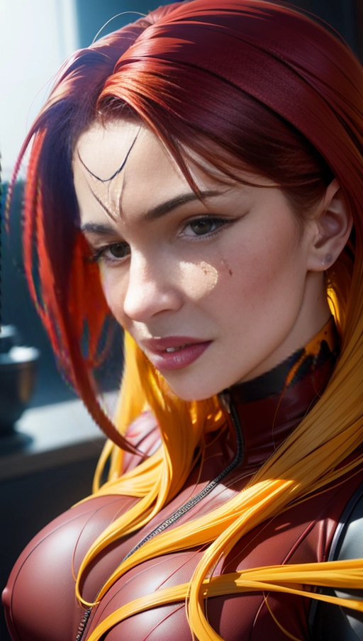((Burgundy red and yellow symbiote girl)), ((hair-raising symbiote)), ((burgundy red and yellow symbiote goo)), ((((burgundy red long hair with yellow strands)))), ((red and yellow symbiote goo suit)), (yellow strands), (((symbiote goo face))), (((((symbiote goo hair))), ((((symbiote goo face transformation)))), symbiote goo body, female venom symbiote face