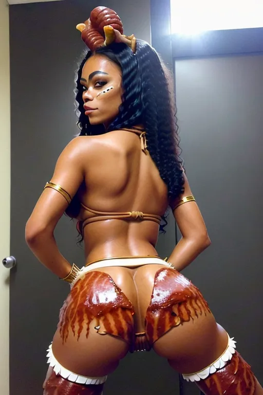 A photograph of a American samoan mix in a Halloween costume, perfect body features with a luxurious costume, cute face, slim waist, big booty, (((bending over showing meaty pussy with an exaggerated camel toe)))