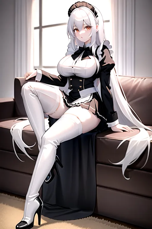 long hair, white hair, brown eyes, miniskirt, black maid uniform, giant breasts, looking at viewer, in living room, high heels, pale skin, thigh high boots