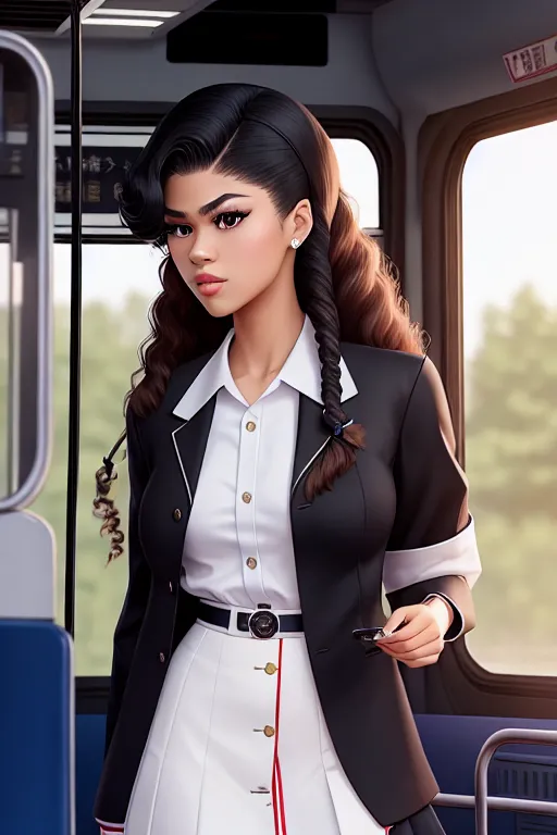 a digital painting of,zendaya,wearing japanese high school uniform,all-fours,in the bus,big breasts,five fingers per hand,fishtail hair,charming face,beautiful lips,black eyes,curved eyebrows,curved eyelid,pale skin,tattoo,8k,pixiv,artstation,smooth,surreal
