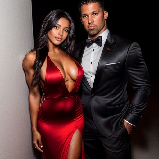a professional couples photograph of a short petite female latina fitness model posing seductively with her right hand on the chest of a huge muscular male latino model
models are smiling
((female model is wearing a long tight red sexy formal dress with deep plunging neckline and high split))
((male model is wearing a black Armani tuxedo with a visible large cock bulge))
models have very dark tanned skin and long thick black shiny hair
female model is slender with very large heavy natural breasts with big erect nipples and wide hips with a muscular round ass and shapely legs
female model has slim waist and hourglass figure
background is night at formal gala
high resolution photograph
studio lighting
<lora:dpmg_add_detail:1>
<lora:dpmg_werewolf:1>