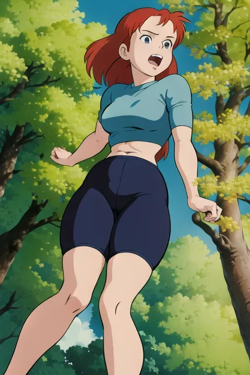 ghibli style, Red hair, pussy hair, 1girl, breasts, topless, pantspulldown, looking at viewer, open mouth, ((masterpiece)) <lora:dpmg_ghibli_style:0.92>, <lora:dpmg_pantpulldown:1>,