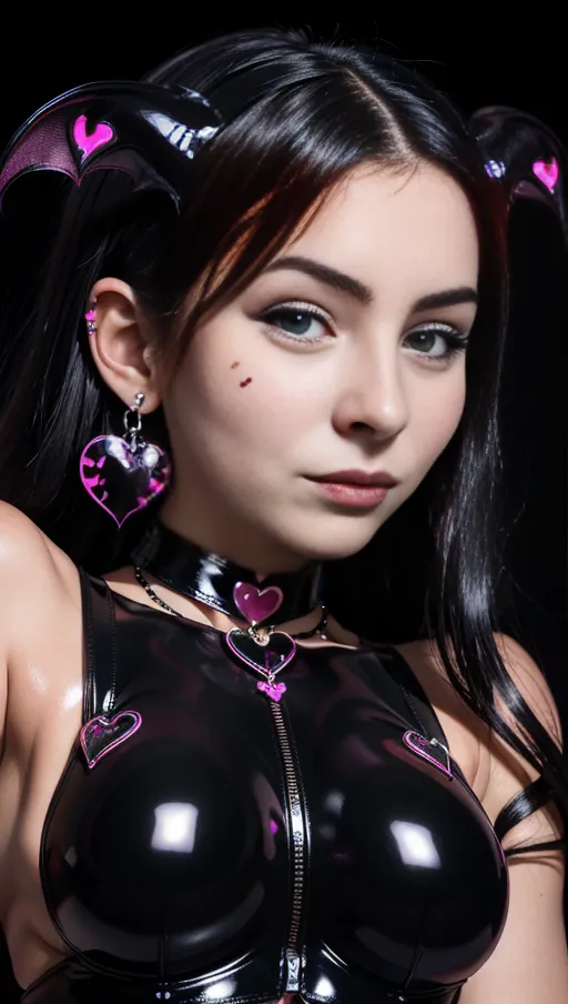 best quality, (((ultra high res))), (detailed face and eyes), hearts, perfect face, big choker, earrings, jewelry, glowing heart, heart necklace, ((black hair)), ((((succubus)))), dark background, (((face closeup))), (big heart pasties), (((latex overall)))