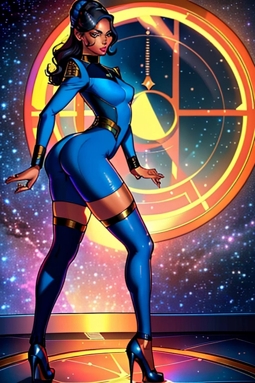 The setting is Star Trek The Original Series, we are on board a starfleet ship from star trek, our subect looks like a woman from star trek the original series, Vulcan, Starfleet Officer, science division, Alexandria Ocasio-Cortez, beautiful, half naked, medium dark hair, pointed ears, soft and curvy build, small perky breasts, thin waist, thicc ass, full thighs, smooth legs, cute feet, female gogo style starfleet science blue skirted uniform, pink lingerie showing, showing us her aroused crotch, beautiful ass cheeks, inside our quarters on the starship, walking by the window in our crew quarters, ((high definition)), ((4k quality)), ((excellent lighting)), ((great shading)), ((pristine detail)), ((really clear picture)), ((beautiful vibrant colors)), ((accurate at lower prompt guidence)), ((ultra realistic)), (((five fingers per hand))), (((two arms per person))), (((two legs per person))), (((two hands per person))), (((two feet per person))), ((((100 percent according to prompt))))