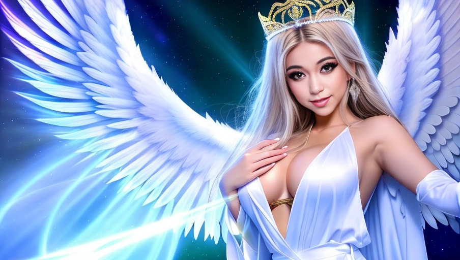 a 64k high detailed photo of body shot of straight Female Angelic HDR Professional ((In clothing Robes))) ((Has Attire)) Godly Ultra Detailed Best Quality Most Detailed ((Angel Wings)) Angelic Lighting Love Hope Magic casting Crown Smiling Queen happy Glory Warrior Angels Angelics Positivity Happiness ecstasy enraptured sweaty saving God Royalty Morality Goodness True Good Power Force Authority Ethical Saviour Halo short Hair Always and Forever Sentimental in heat hot ultra hot best best lighting tantric Neutral Brilliant Logical Compassionate Perfect Perfection Exciting Integrity Winged Courage Purity Harmony Beauty mark on upper lip ((Female)) (Ethereal Lighting) (Celestial Lighting) (((With Clothes))) ((With God Item)) (((God Tech))) (God Magic) with items of power God Wings ((Afterlife Light)) (Perfect Tits) (Perfect Ass) (Love Worship) ((Happy Expression)) ((smiling)) AJH True Happiness (Pleasure) (True Love) ((Angelic Hair)) ((Purity))