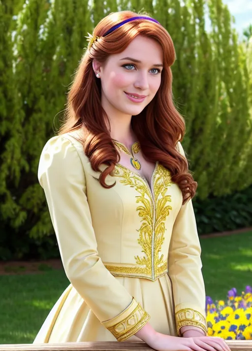 Exploring the wonders of the Harvest Festival, Adult beautiful joyful sweet Anna of Arendelle portrayed by Elizabeth Lail with a warm smile, very big soft sapphire eyes, her auburn hair in a low hanging bun in back and single braid on the front top with golden wheat stalk combs slid into the sides, dressed in a cream colored dress with gold and purple embroidery and a light tan jacket. Photorealistic.