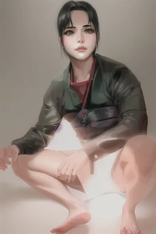 1girl , feudal japan , edo period , night , japanese , highres , short hair, dark hair, black hair, green eyes , almond shaped eyes , thin lips , parted lips, solo, ((masterpiece)),photo referenced::5, pale skin, tenchu, kunoichi, professional, ultra high res, kuugire, stealth, soft feminine facial features, button nose, 25 years old, seductive look, arrogant look, sinister look, detailed face, detailed eyes, dark kimono, feet, foot, toes, toe, underwear, panties,