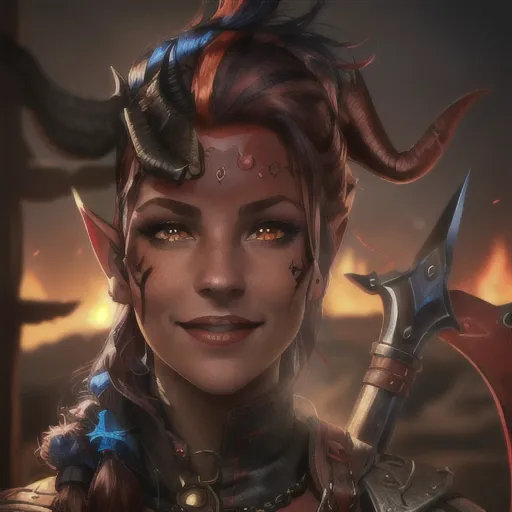 masterpiece, high quality, ((Karlach)), (Baldurs gate 3), tiefling, ((red skin)), pov pose, leather straps, 1 girl, cute face, cheery expression, yellow eyes, (multi colored hair), black and red hair, horns on temples, goat horns, inspiration, centered,