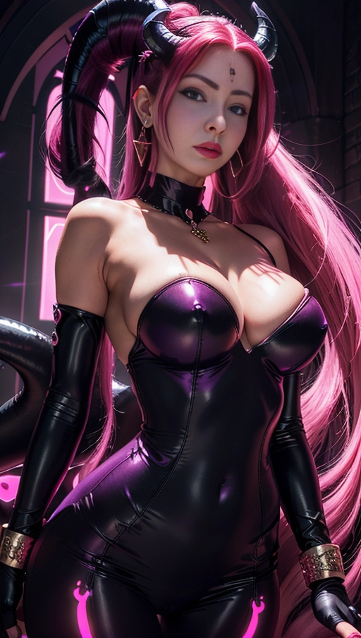 best quality, (((ultra high res))), (((detailed face and eyes))), (perfect face), big shining heart choker, earrings, jewelry, (((big glowing succubus mark))), ((((big glowing succubus bodymark)))), (((conjuring))), (witch), ((long voluminous hair)), (((black gloves))), ((pink hair)), straight hair, (((golden bracelet))), ((single ponytail)), (((huge hair cuff))), ((skintight neckholder dress with low neckline)), ((face closeup)), purple, (burgundy red lipstick), (((neckholder top with low neckline))), ((((demon tail)))), ((long sleeves)), ((purple glowing heart)), (((cameltoe)))