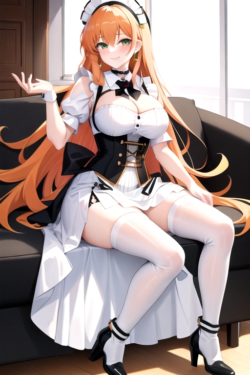 long hair, pale skin, orange hair, green eyes, black choker, giant H-cup breasts, wavy hair, white maid uniform, smiling, full body photo, 28 years old, miniskirt, cleavage, high heels, corset, 8k quality, boots, in living room