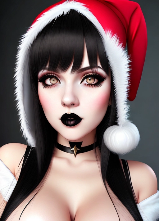 Cute girl, simple grunge makeup, pale colored eyes, black hair, bangs, big lips, realistic face, huge perky busty boobs, gigantic tits, tight sexy santa outfit, goth babe, skinny, photorealistic, best quality, ultra high resolution