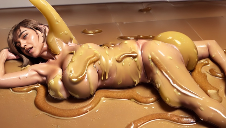 8k, photorealistic, deserted laboratory scene, full length shot, (((beautiful young bbw naked woman))), huge breasts, ((bobcut hair)), pointed ears,eyes, scared expression, gorgeous body, centerfold body, ((laying on floor face-up)),sticky light brown color slime onto woman breasts)), woman cannot move, ((((sticky light brown color slime strands run between womans body and floor)))),melting into puddle,slime is light brown,rubber hose arms,lab in background