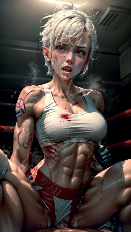 athletic, <lora:dpmg_muscle_girl:0.5>,dyke,tall,white,
short hair, lanky hair,high cheekbones, pale, milf, abs,
sports bra, boxing gloves,
exhausted, sweating, (bruised), abused, (tears), beaten,bleeding,bloodied, (humiliated), (knocked out), (sick), (terrified), scratched, (bukkake), (cum on face), (orgasm),(screaming), creampie, (squirting),
boxing gym,
<lora:dpmg_pov_cowgirl:0.9>, cowgirl, (arms back),(hollow), (pov), vaginal,sex, big cock, (long cock), hands down, slick cock, closeup,
<lora:dpmg_add_detail:1.0>, (best quality),
beautiful, (((masterpiece))),(high resolution), (uhd), (8k)