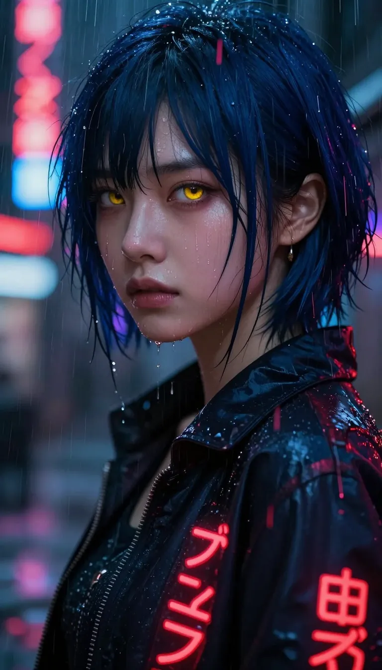 This is a digital art image in a cyberpunk style. It features a close-up of an Asian woman with short, dark blue hair and striking golden-yellow eyes. Her face is wet with rain, with water droplets glistening on her skin. She wears a dark jacket adorned with red neon Japanese characters. The background is blurred but shows vertical neon signs with Japanese text in red and blue. Red and pink rain streaks dominate the foreground, adding a sense of motion and intensity. Her expression is serious and slightly melancholic, enhancing the overall moody and atmospheric feel of the image.