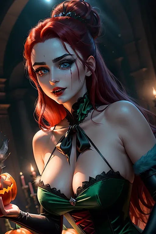 Halloween party, Anna of Arendelle, large blue eyes, green velvet modest high neckline dress, Dracula in black and red embracing from behind his fangs upon her neck, hypnotized, modest breasts,five fingers per hand,sweet face, beautiful lips,curved eyebrows, blood trickling from vampire bite on neck, straight auburn hair in low bun, medium long hair, theatric dramatic theatrical lighting, ultra realistic, pixiv, unreal engine, bokeh, hand on arched neck