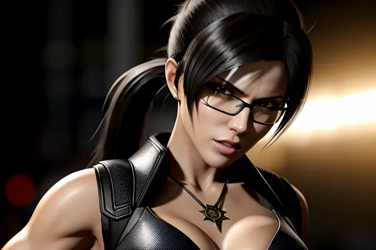a photo shot of,bayonetta, fightened, in resident evil, in black tactical pants, black military armor, gun holsters, combat boots, five fingers per hand,brown hair, ponytail,bangs,charming face,beautiful lips, deep eyes,curved eyebrows,textured skin,cgsociety,8k,unreal engine,highly detailed,artstation, deviantart, cinematic, sharp image, centered, medium close up, 8k,studio lighting, head in frame, long neck