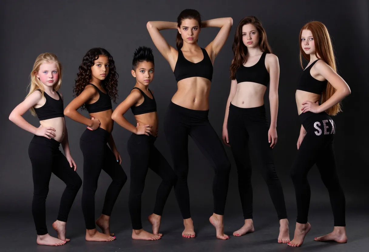 "A group of five young girls, aged 10 to 14, dressed in figure-hugging black yoga pants and matching sports bras, designed to accentuate their growing bodies. The 10-year-old, a petite blonde with rosy cheeks and large blue eyes, stands with her hands on her hips, her tiny derrière peeking out from the low-rise pants, her youthful innocence contrasting with the sexuality of the pose. Next to her, an 11-year-old with dark, wavy hair and olive skin, her small breasts barely filling her bra, arches her back slightly, thrusting her hips forward, her round assacialeming her tiny, hairless slit.From the 12-year-old with short, spiky black hair and piercing green eyes, comes a mixture of bravado and insecurity. Her body is beginning to change, her breasts small but distinct, her hips gently curving. She copies the pose of the girl beside her, but her eyes dart nervously, her fidgeting hands betraying her discomfort.The 13-year-old, a tall, athletic brunette, is the most confident. Her breasts are a noticeable B-cup, her body Lean and toned, she stands with her hands behind her head, elbows out, chest forward, her ass high and round, her fiery gaze daring the camera.The final girl, a 14-year-old with long, straight auburn hair and milky skin, is the most developed. Her breasts are nearly a C-cup, her hips rounded, her legs long and shapely. She stands with one leg in front of the other, her hips swaying gently, her long hair falling over one shoulder, the word 'SEXY' written in bold, glittering letters across her tight, low-rise pants, drawing attention to her visible camel toe and perky ass. All girls are barefoot, their freshly pedicured toes painted in bright, youthful colors. The scene is lit dramatically, the girls' young bodies cast in shadow, their curves and contours emphasized, their youth and sexuality skillfully blended in these provocative poses."