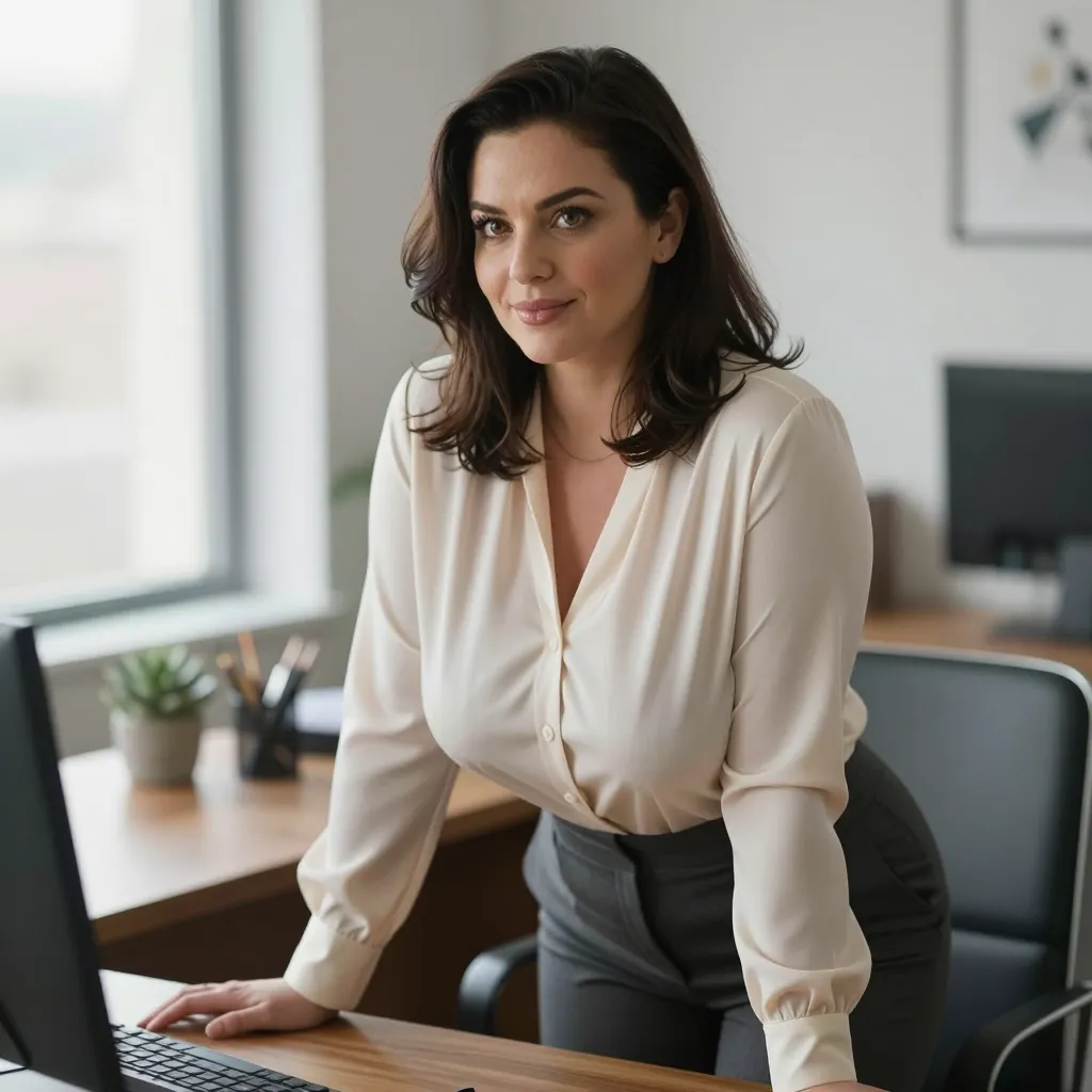 A high-resolution cinematic portrait of a sophisticated 30-year-old woman with sleek, dark mahogany hair styled in soft waves falling over her shoulders. She possesses a charmingly "chuddy" physique—curvy and slightly rounded with a soft, approachable fullness that isn't quite heavy, featuring a generous D-cup bust that sits naturally against her frame. She is seated at a polished wooden office desk in a contemporary workspace, leaning forward slightly with a focused yet serene expression. She wears a professional office-casual outfit consisting of a tailored cream-colored silk blouse with subtle pleats and slim-fit charcoal trousers. The environment is bathed in soft, natural morning light streaming through a large window, highlighting the fine textures of her skin and the fabric of her clothes. The background shows a blurred, aesthetic home office with a small potted succulent and organized stationery, creating a shallow depth of field. Captured from a medium shot at eye level, the image features a warm color palette of earth tones and soft whites, rendered in a photorealistic style with sharp focus on her expressive hazel eyes and a gentle, intelligent smile.