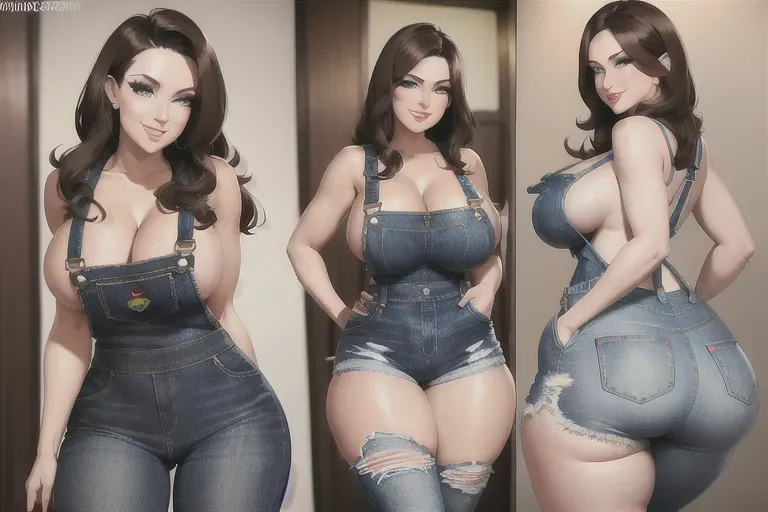 Ms Rachel from youtube Sexy large breasted, slightly dorky brunette in a loose vintage denim overalls but can see outline of nipples and pussy through fabric showing off her butt