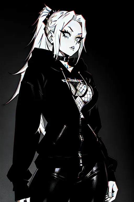 In the style of my hero Academia, In the style of shadman,<lora:manga_lineart:1>, realistic, masterpiece, best quality, goth, goth girl, emo, long white hair, choker, fishnet leggings, hoodie, most beautiful face, medium breasts, perfect face, perfect mouth, perfect lips, perfect anatomy, perfect fingers, nsfw, dramatic lighting, night, dark, black and white, monochrome, perfect eyes