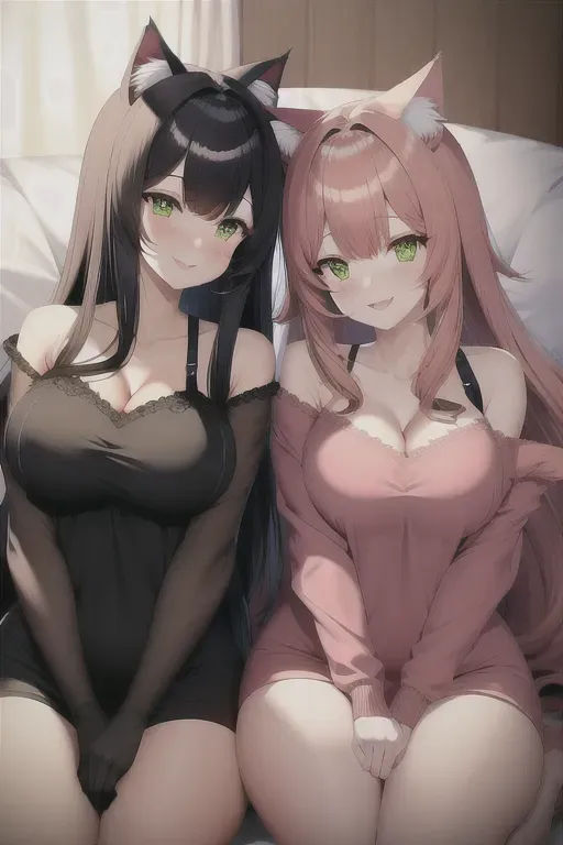 2 catgirls, playing with a cat