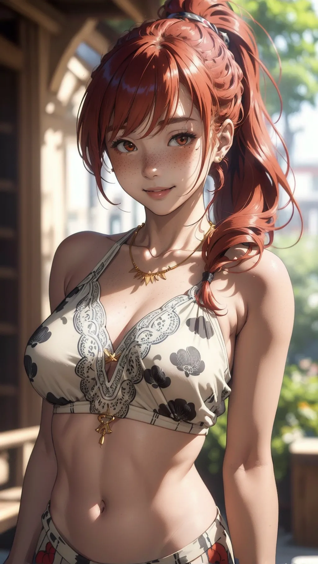 (masterpiece, best quality), 1girl, collarbone, wavy hair, looking at viewer, blurry foreground, upper body, necklace, contemporary, plain pants, ((intricate, print, pattern)), ponytail, freckles, red hair, dappled sunlight, smile, happy,