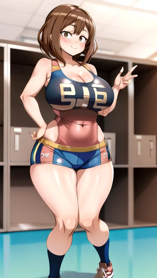 In the art style of my hero academia, 1girl, Ochaco Uraraka, short, sexy, gigantic saggy breasts, huge breasts, cleavage, short brown hair, brown eyes, locker room, <lora:volleyball_uniform:1>