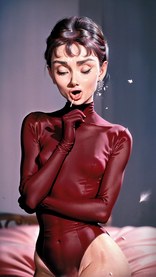 Classy sexy woman, (Audrey Hepburn:1.3) (1965:1.2) red long-sleeved leotard. ((Thighs visible)), She must be having a powerful (((sneezing fit))) ((sneezing)) allergy, hay fever, with nostrils flaring, ((eyes closed)) and ((((mouth wide open)))), ((damp spot on panties)),