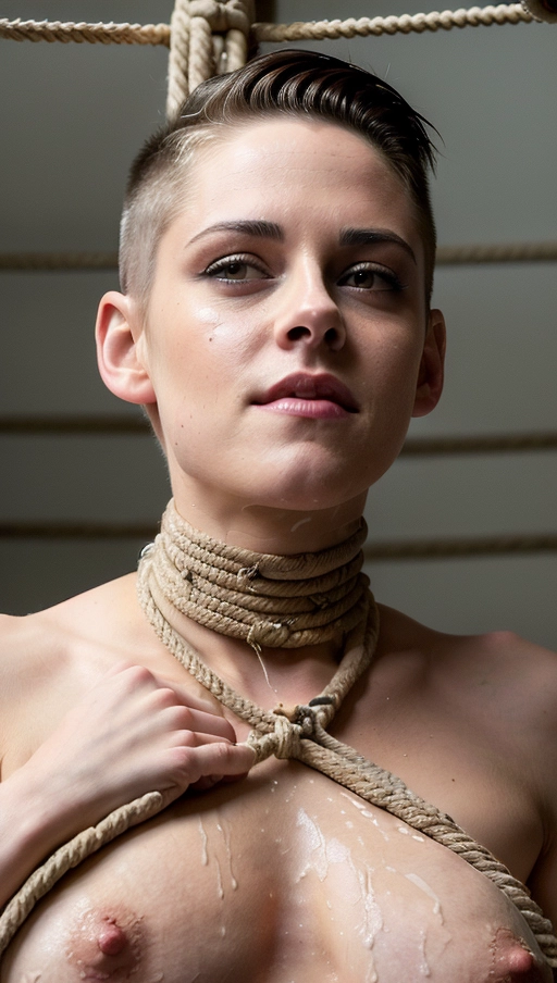 (skinny naked Kristen Stewart 18 years:1.32),
(undercut short pixie cut brown messy hair, makeup:1.4),
(pain, tortured, tears:1.3),
(accurate face, photorealistic face,perfect face,detailed face:1.39),
dpmg_face_cum_v1, (covered in cum, facial, bukkake,cum on hair:1.4),
(in basement, at night, torchlight:1.3),(face closeup:1.2),
(bondage, cruelly tied up with rope, tight rope around neck, hanged on the ceiling:1.5),
deviantart,
uncensored,
HDR, UHD, 64K,
Highly detailed,
Studio lighting,
Professional,
Trending on artstation,
Unreal engine,
Vivid Colors,
Bokeh
