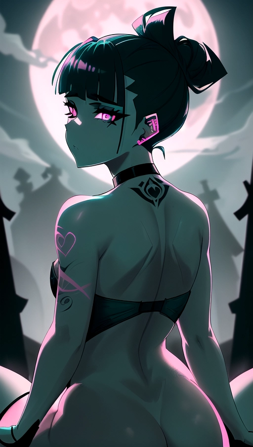 Prompt 1 high priority. girl in a graveyard at night. (((hair featuring a buzzed cut on sides for a modern and edgy look.)))(((hair tied up))). beautiful eyes. she has thick thighs. thick ass. soft tummy. very small breasts. Hard covered nipples. ((((hair_<black-teal>.)))),
Prompt 2 high priority. NSFW. (slightly bent over on knees looking back wearing_<Pink>_ Lingerie). Tattoos of grim reaper,
Prompt 3 high priority. HDR. moon light. Behind shot,