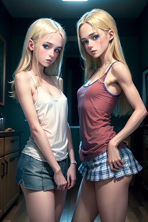 extremely realistic picture of two, slutty, horny, sex addicted, skinny, stepsisters. 18 years old, shoulder length blonde hair, blue eyes, they stand at five foot four inches with super skinny tight bodies, super short skirts and tight tank tops. no bras or underwear, hard pointy nipples