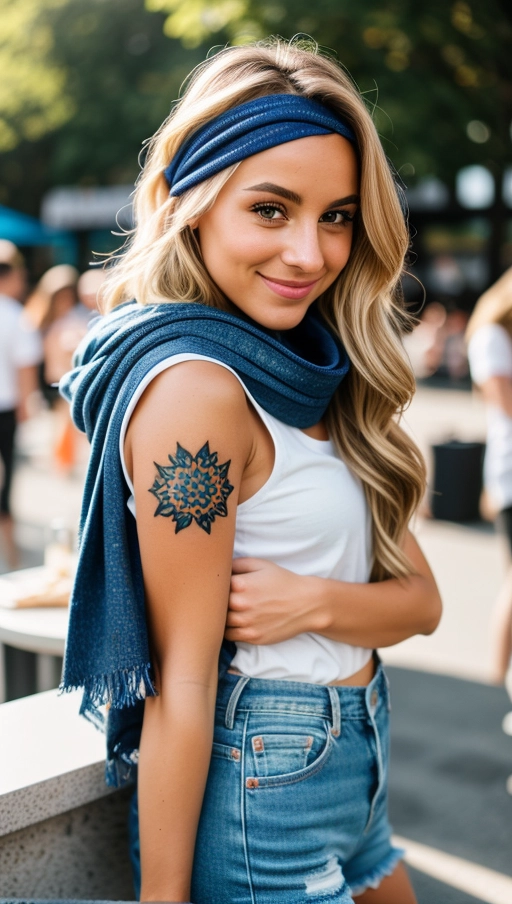 Number 345,
- Ethnic group - German,
- Age - 24 years,
- Skin type - fair,
- Hair color and style - blonde, shoulder-length, loose waves,
- Face - oval shape,
- Eyes - blue, sparkling with excitement,
- Mouth - wide smile, full lips,
- Nose - straight and petite,
- Clothing style - casual sporty, wearing a Germany football jersey, denim shorts,
- Location - outside the stadium, near a food stall,
- Position - leaning against the counter, holding a bratwurst in one hand, other hand resting on the counter,
- Teasing pose - one leg crossed over the other, casual and relaxed stance,
- Emotional expression - satisfied and content, slight smile, enjoying the moment,
- Accessories - team scarf now wrapped around her head like a headband,
- Make up - minimal, natural look with emphasis on eyes,
- Tattoos - small soccer ball tattoo on her ankle remains visible,
- Camera angle - eye level, straight on to capture her relaxed demeanor,
- Lighting - natural daylight, soft and even,
- Resolution - high resolution for detailed textures,
- Camera type - DSLR,
- Camera settings - f2.8, 1-500s shutter speed, ISO 400,
- Focus - on her face and the bratwurst, background in soft focus to highlight her enjoyment,