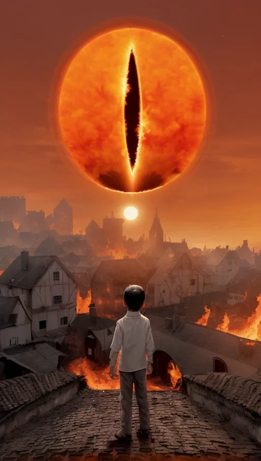 ((the sun in the sky has a thin black oval inside it)),
(The village beneath is on fire),
(A boy wearing white stares up at the eye in the sky),