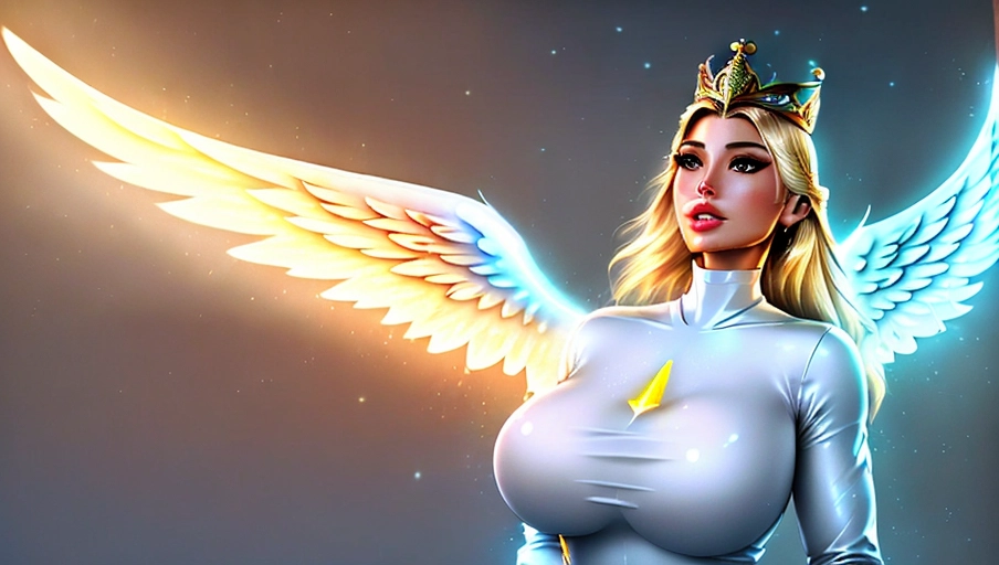 a 64k high detailed photo of body shot of straight Female Defense HDR Professional ((In defense gear))) ((Has Defensive Attire)) Godly Ultra Detailed Best Quality Most Detailed ((Angel Wings)) Angelic Lighting Love Hope Magic casting Crown Smiling Queen happy Glory Warrior Angels Angelics Positivity Happiness ecstasy enraptured sweaty saving God Royalty Morality Goodness True Good Power Force Authority Ethical Saviour Halo short Hair Always and Forever Sentimental in heat hot ultra hot best best lighting tantric Neutral Brilliant Logical Compassionate Perfect Perfection Exciting Integrity Winged Courage Purity Harmony Beauty mark on upper lip ((Female)) Ethereal Lighting Celestial Lighting (((With Clothes))) ((With God Item)) ((God Tech)) with items of power God Wings ((Afterlife Light)) Defensive Weapons Protection safety