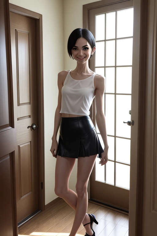 Gorgeous thin skinny girl with flat waist and medium breasts, lascivious smile, thin semitransparent translucent sleeveless cropped camisole, libidinous expression, tiny low-riding micro miniskirt, (secretly showing pussy), covertly showing pussy, (trim pubic hair), sexually aroused, sexually excited, sexually receptive, flirting with me, standing in front door hallway in front of the open door,