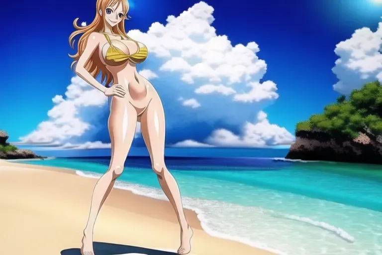 Nami from one piece posing on the beach naked big thigh big boobs,highly detailed,smooth,studio lighting,professional,8k