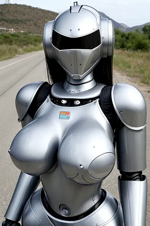 robot girl in armor full robot helmet with mask boobs and pussy out big boobs in car looking pleasured