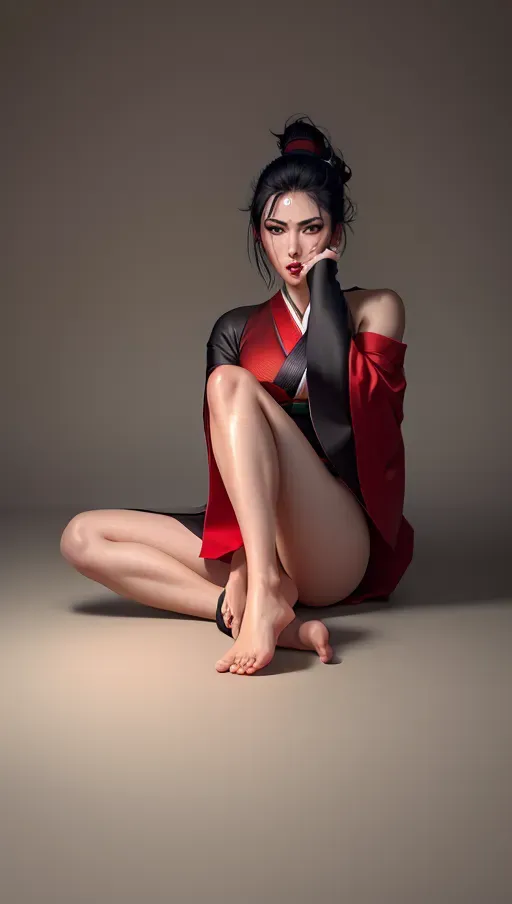 1girl, full body, detailed face::5, beautiful::5, attractive::5, sexy::5, flawless::5, shapely::5, sensual, dirty::5, fatal, lethal, deadly, hurt::5, bruised::5, feudal japan::5, japanese , seductive, surprised, startled, stunned, attacked, ambushed, assaulted, frightened, terrified, alarmed, scared, spooked, panicked, fearful, terrorised, moody lighting::5, night::5, short hair, dark hair, black hair, parted hair, almond shaped eyes, eyes open::5, eyes wide::5, eyes wide open::5, thin lips, solo , masterpiece, ultra high res, professional, photo referenced::5, 23 years old, young adult::5, slim, pale skin, kimono, dark red kimono, saliva, saliva dripping, summer, thin clothing, sweat, sweaty skin, shiny skin, purple eyeliner, small breasts::5, pain::5, head tilt, mouth open, mouth agape, parted lips, bending, bent, 1 character, long sleeves::5, loose top, bags under eyes, feet, foot, dorsal, bare feet, barefoot, sitting , legs crossed, hand on face